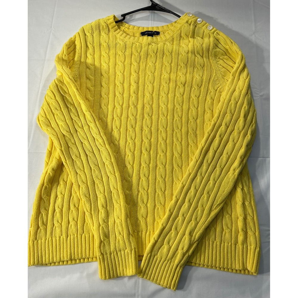 Lands End Drifter Cable Knit Sweater Yellow Button Shoulder L 14-16